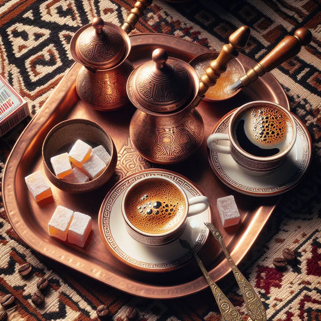 Bosanska kahva served in a small cup beside a copper džezva and Turkish delight
