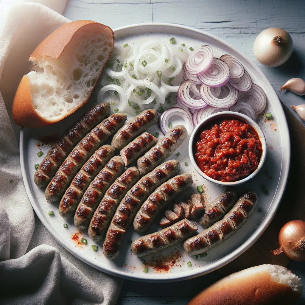 Grilled ćevapi served in flatbread with chopped onions and ajvar