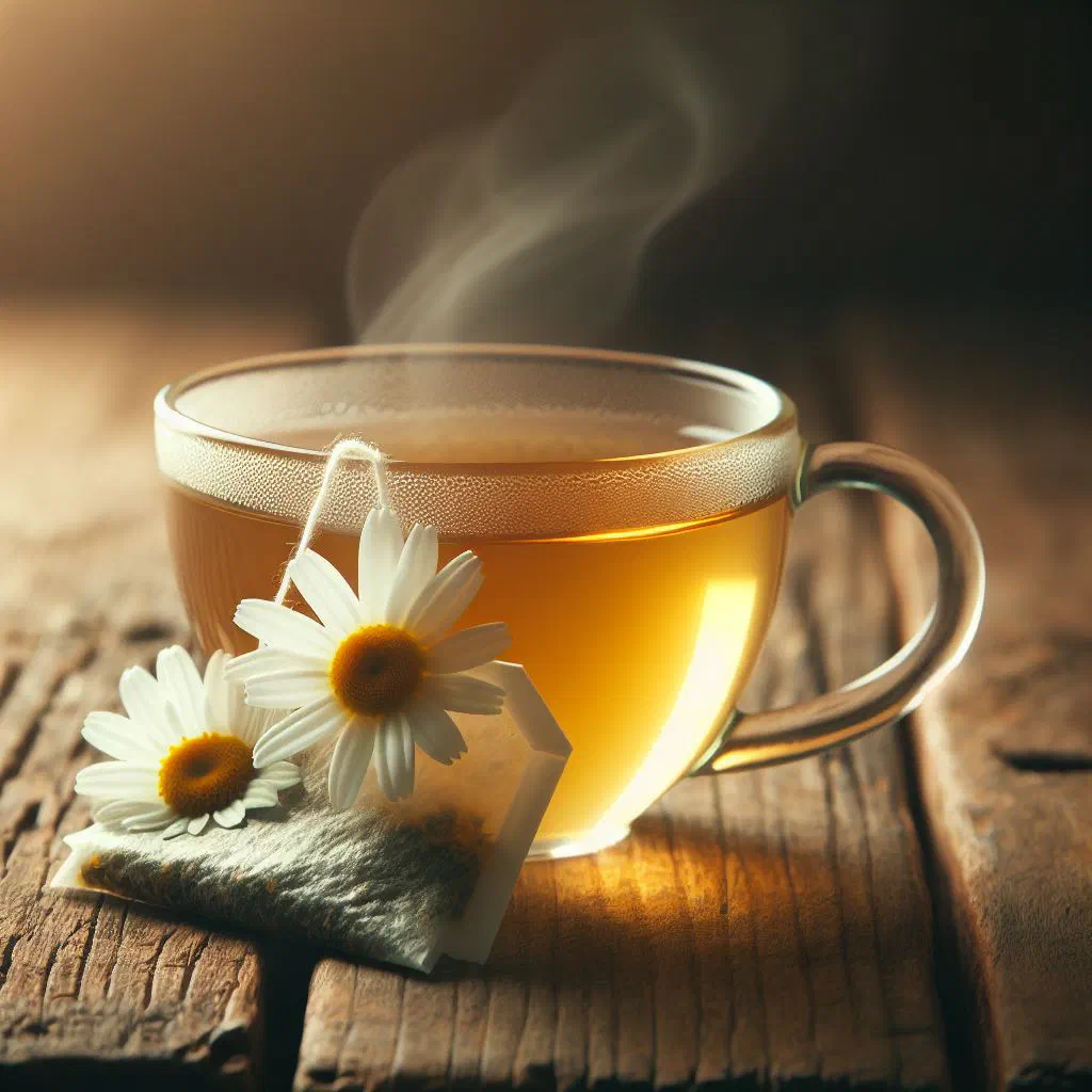 A cup of golden chamomile tea garnished with fresh chamomile flowers