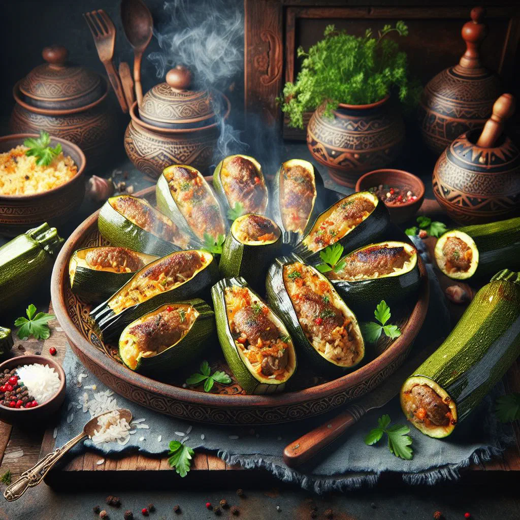Stuffed courgette halves filled with spiced meat and rice, garnished with fresh herbs