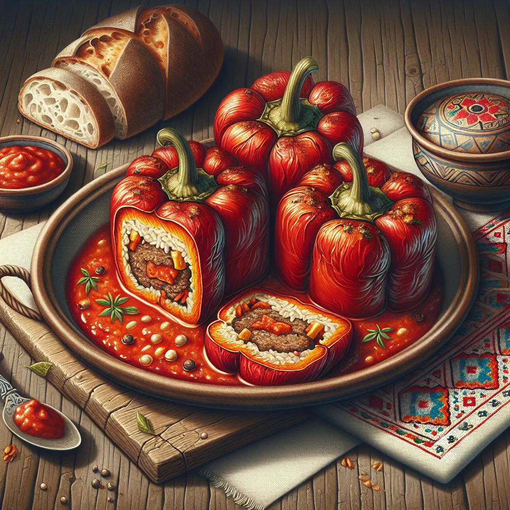 Bosnian stuffed peppers filled with meat and rice in tomato sauce