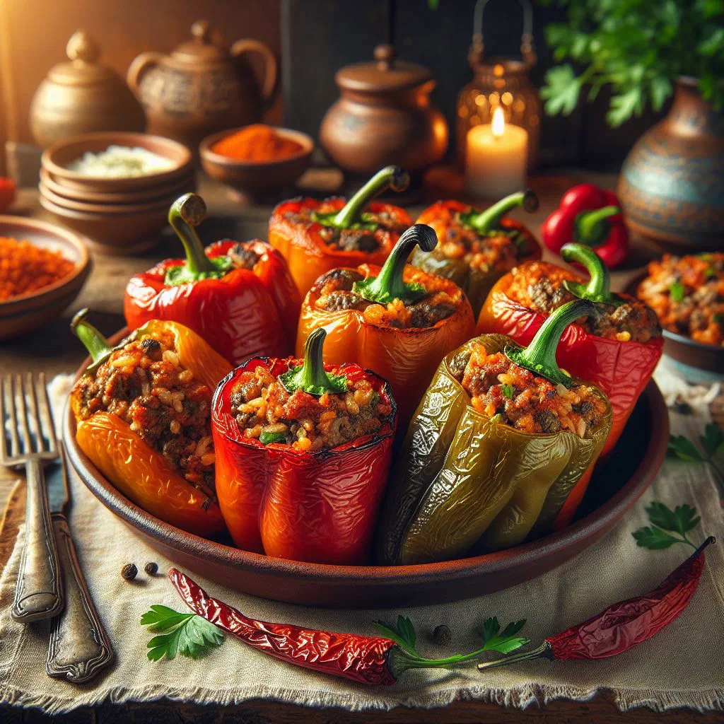 Stuffed peppers in tomato sauce garnished with fresh parsley