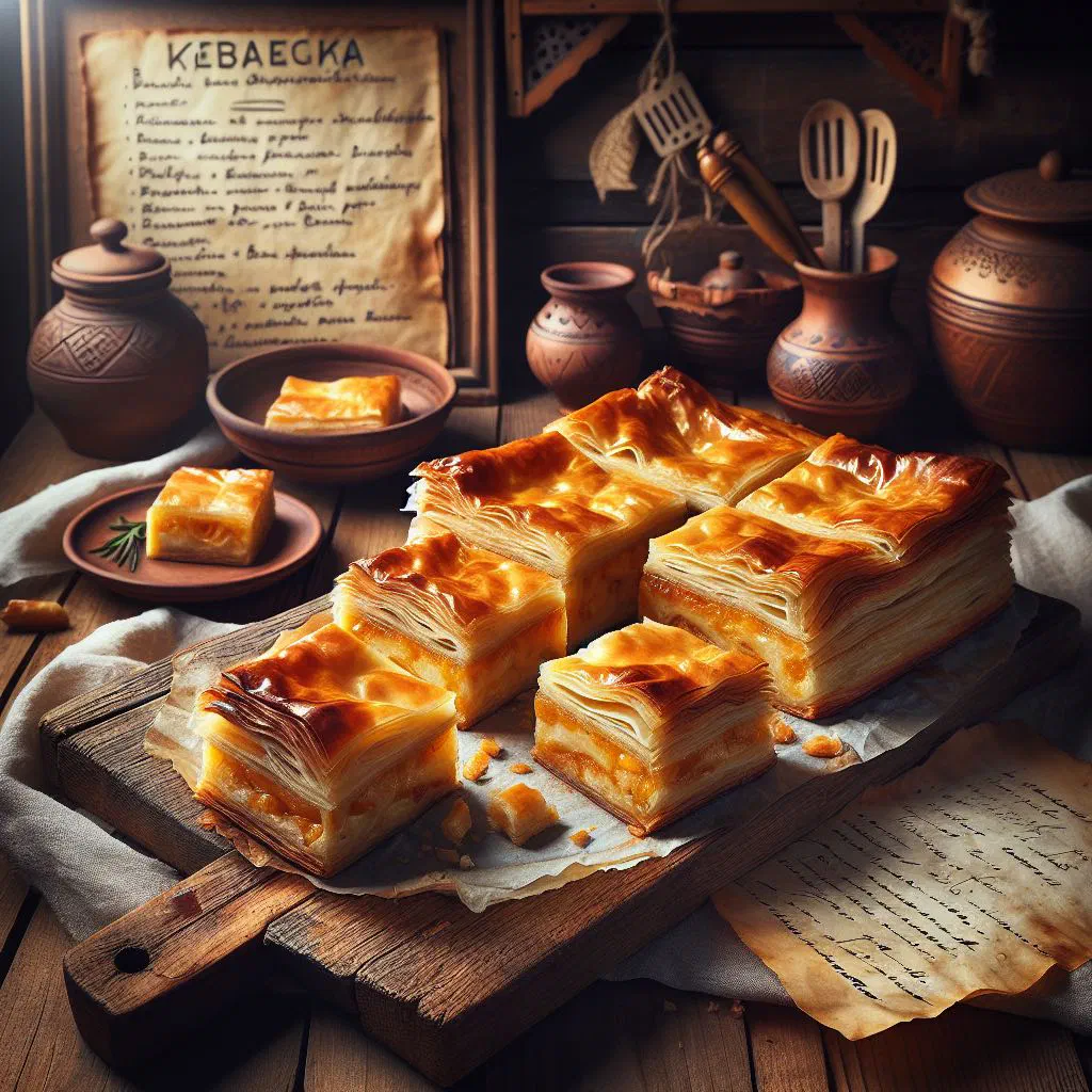 Golden, flaky gibanica cheese pie cut into squares