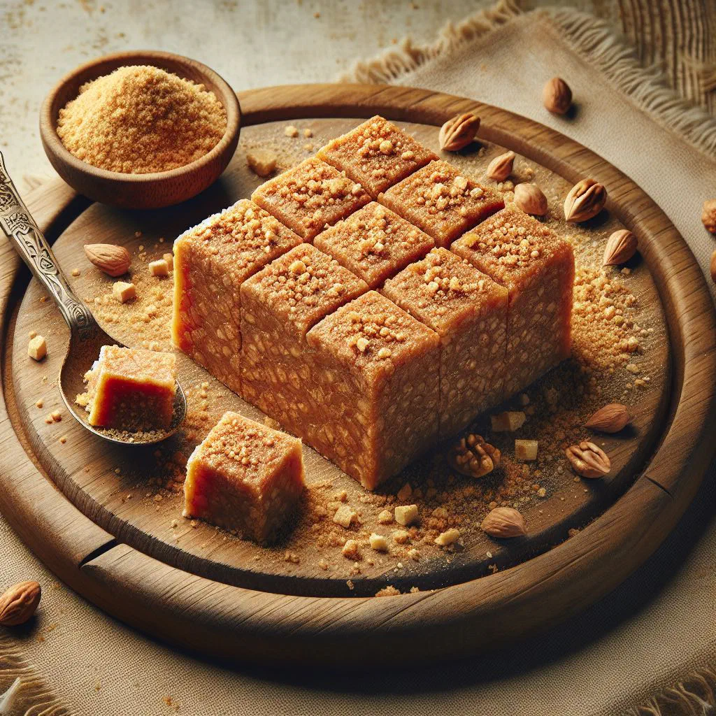 Golden semolina griz halva set in a dish and topped with chopped walnuts