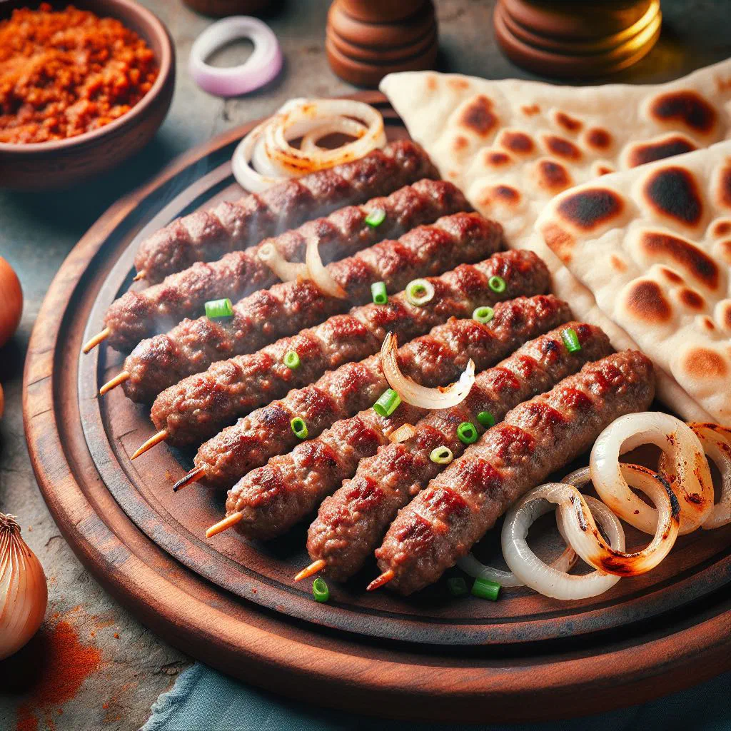 Grilled hadžijski ćevap sausages served with flatbread, onions and ajvar