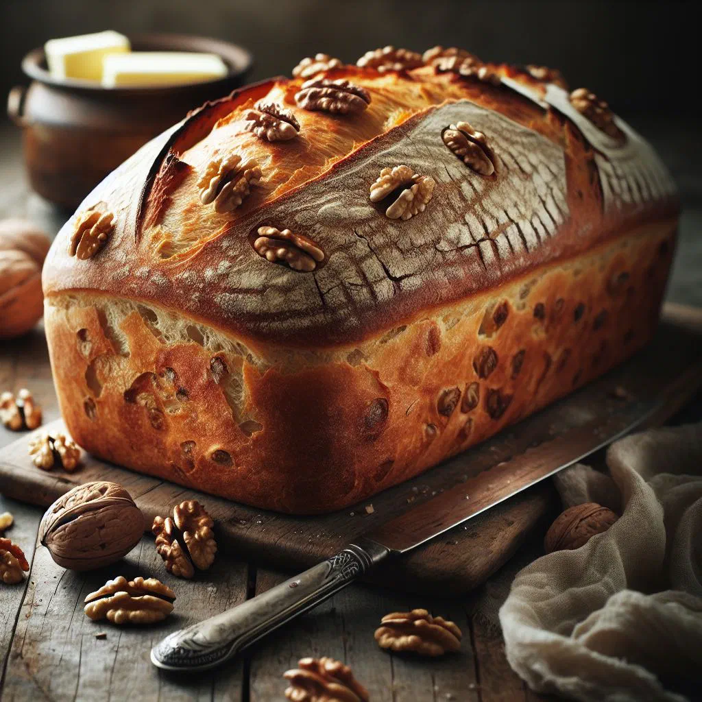 Sliced Bosnian walnut bread on a rustic wooden board