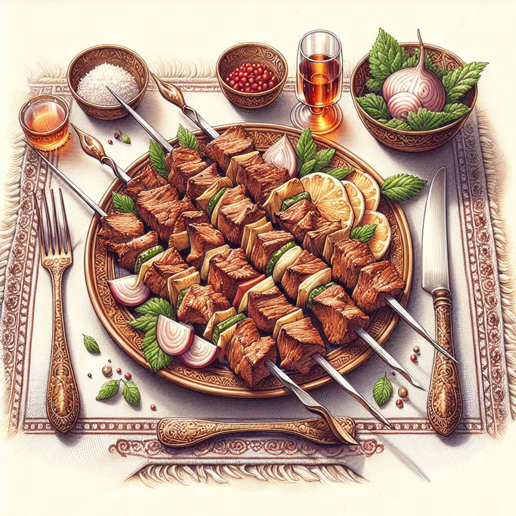 Spit-roasted lamb pieces skewered with peppers and onions on the grill