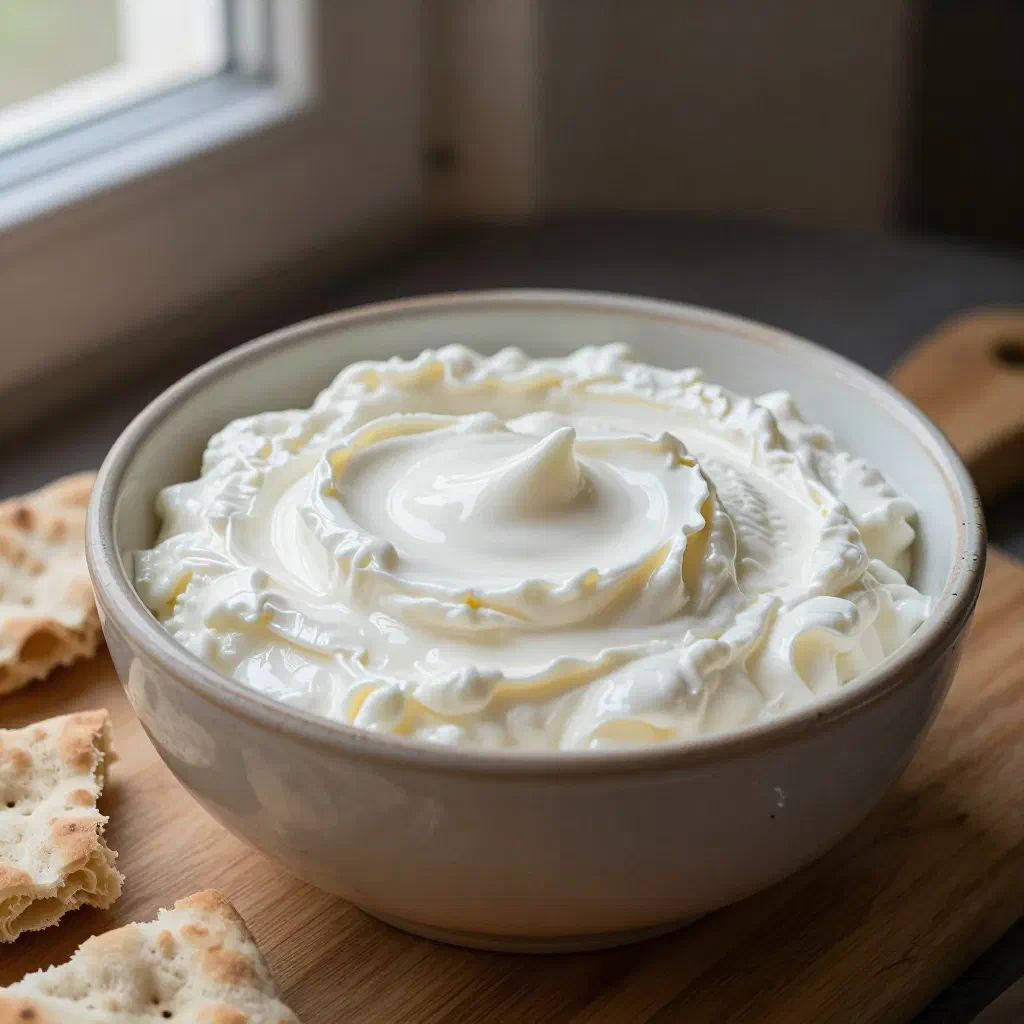 A bowl of creamy kajmak served with fresh bread