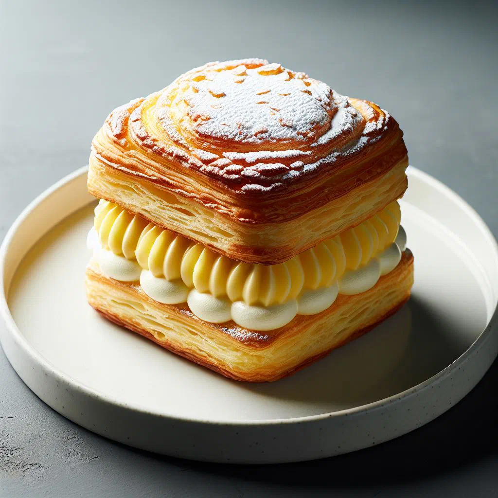 Slice of Kremšnita with vanilla custard between crisp puff pastry, dusted with icing sugar