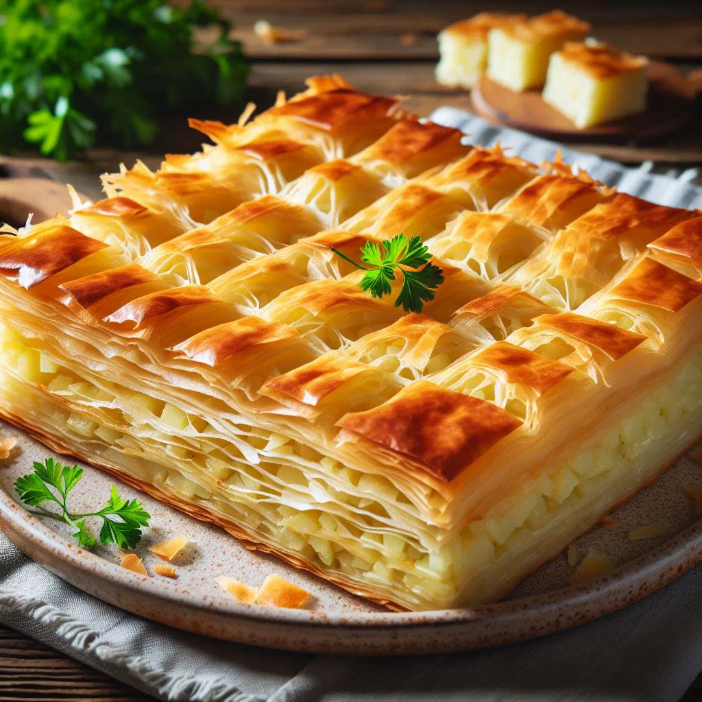 Coiled Bosnian krompiruša potato pie with golden, flaky pastry