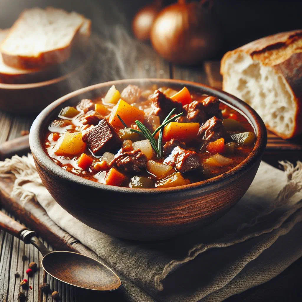 Bowl of Bosnian hunter's goulash with tender beef, carrots and peppers