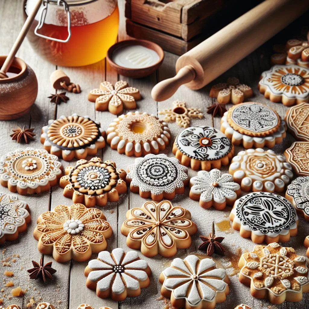 Golden Bosnian honey cookies dusted with icing sugar on a plate