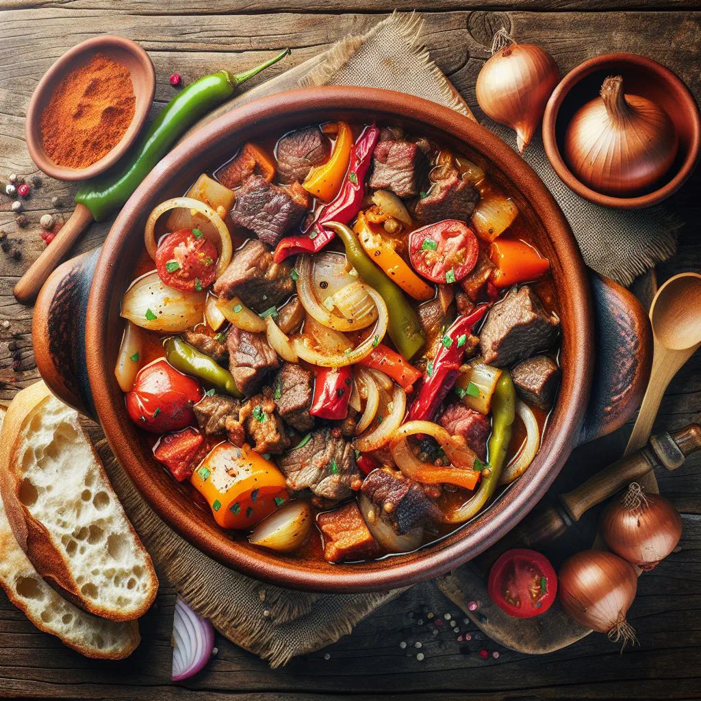 Bosnian mućkalica stew with beef, peppers and tomatoes garnished with parsley