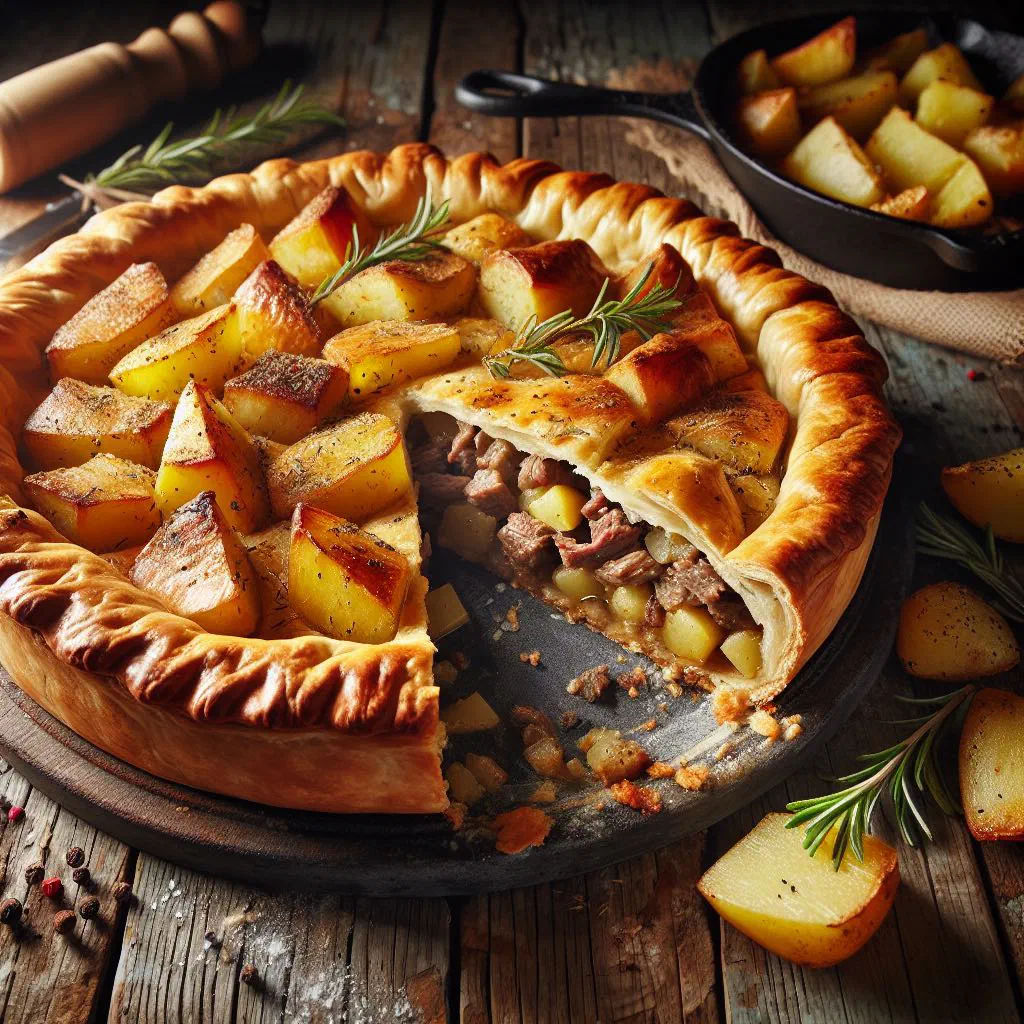 Golden Bosnian pita filled with potato and meat, cut into pieces