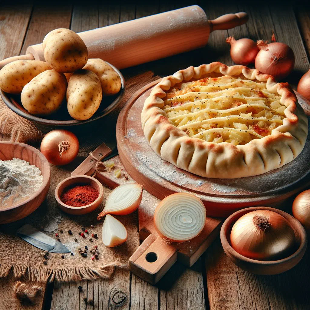 Golden baked Bosnian pita od krompira with a spiced potato filling