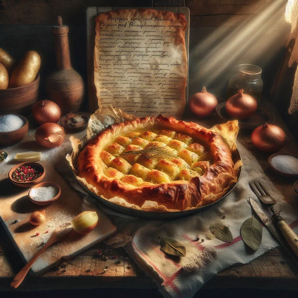 Golden baked pita od krumpira potato pie cut into slices