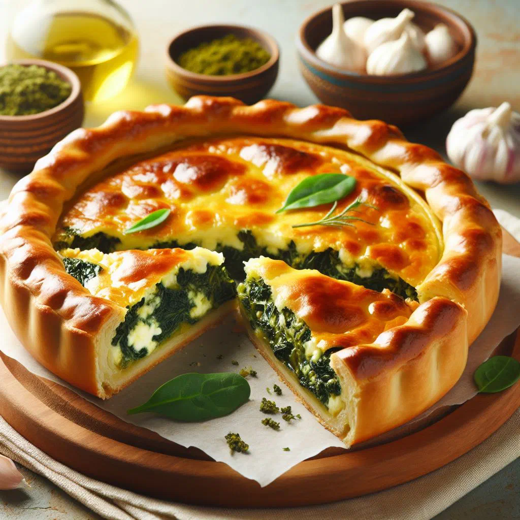 Golden baked Bosnian spinach and cheese pie cut into slices