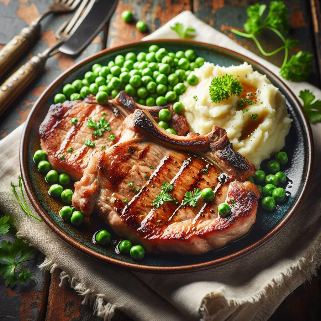 Grilled Bosnian pork chops garnished with fresh herbs