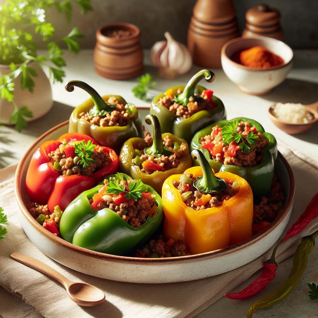 Stuffed peppers in tomato sauce garnished with fresh parsley
