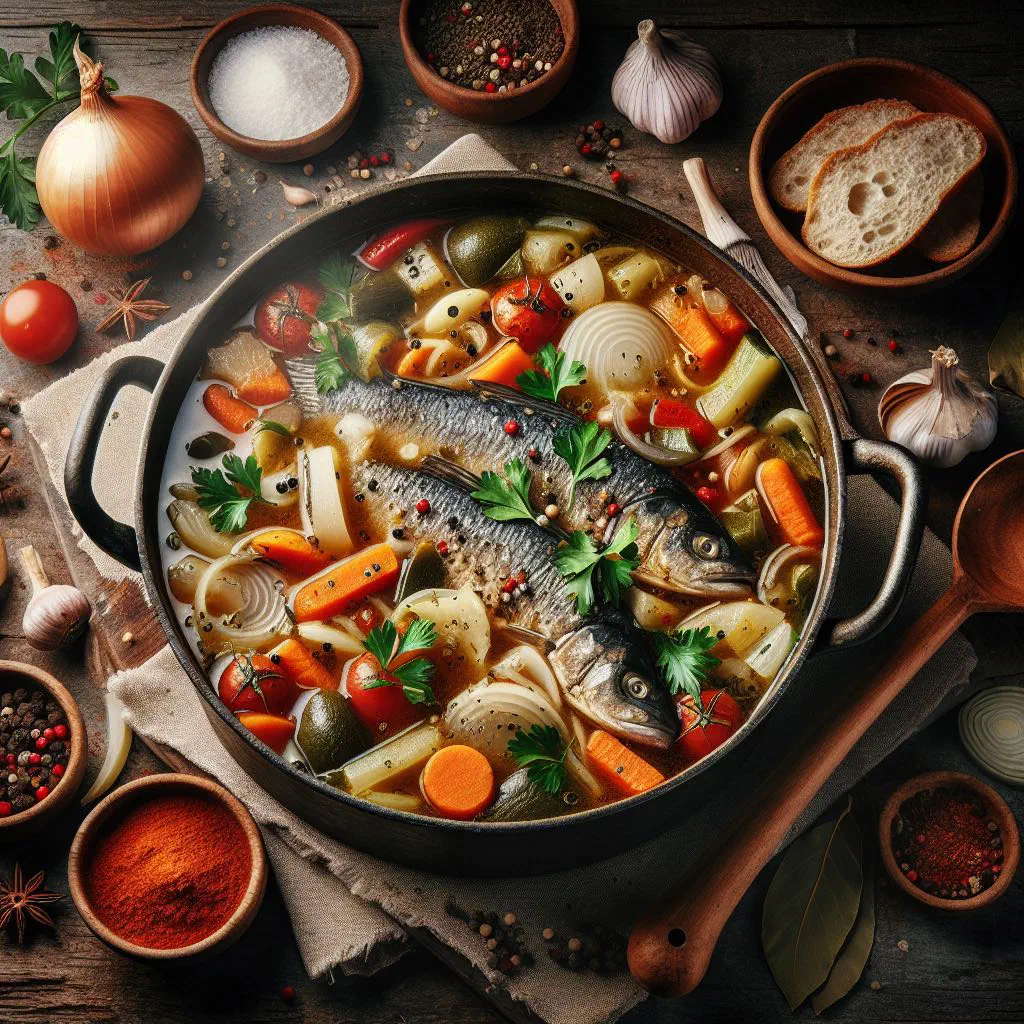 A bowl of Bosnian riblja čorba fish soup with vegetables and fresh herbs