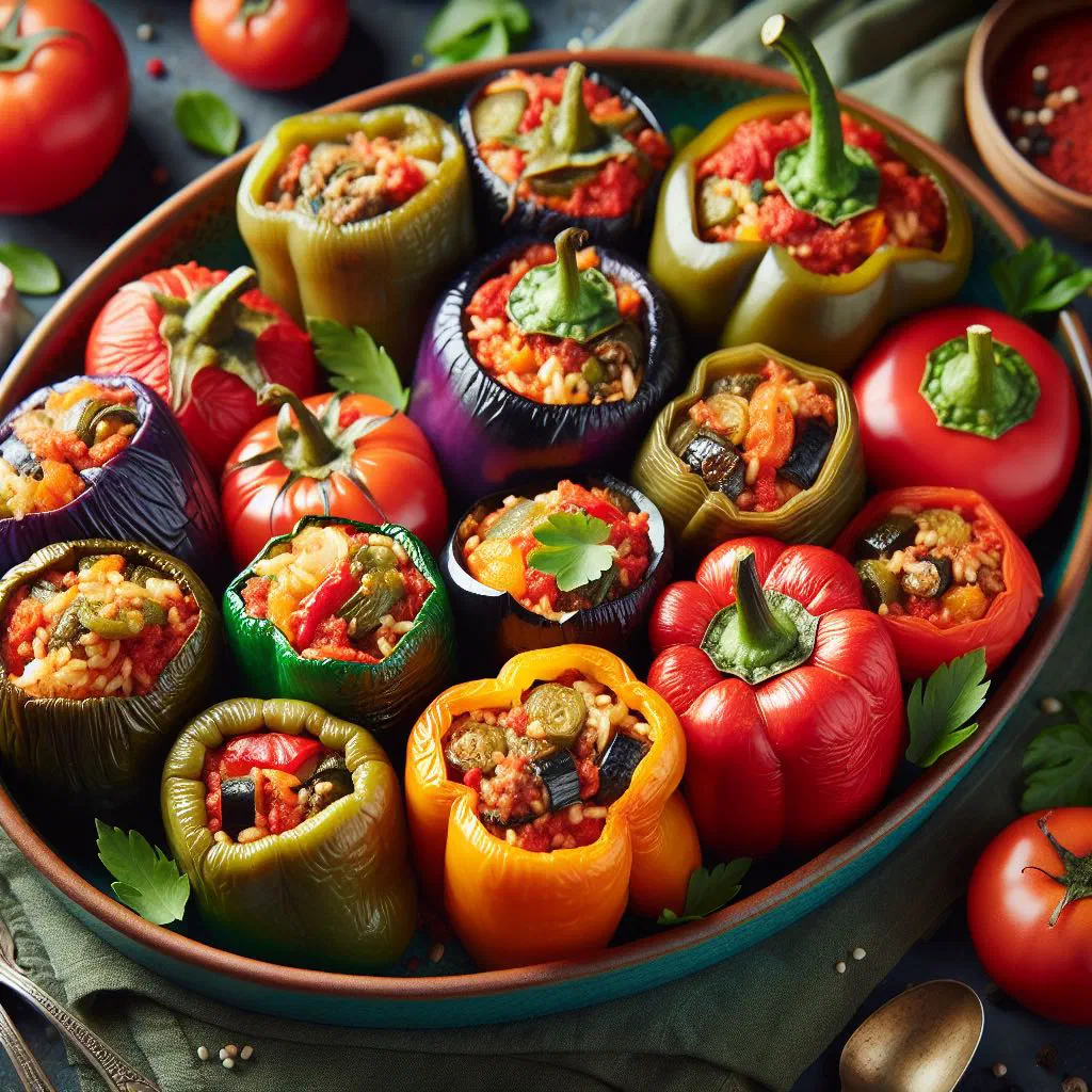 Colourful stuffed peppers in tomato sauce garnished with fresh herbs