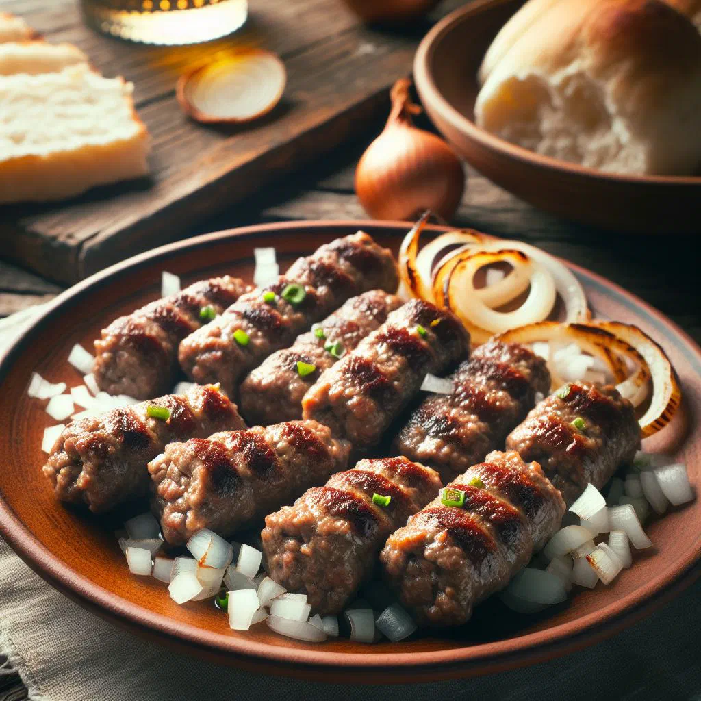 Grilled sitni ćevap sausages served on flatbread with chopped onions