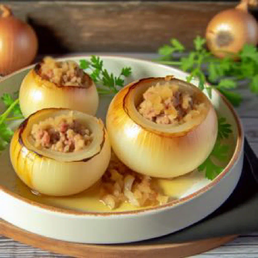 Stuffed onions in a rich broth, garnished with fresh parsley