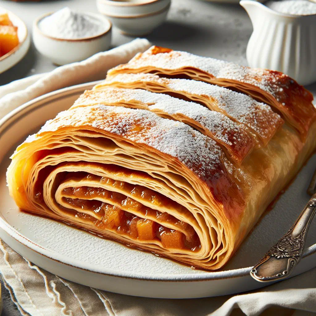 Golden rolled Štrudla dusted with icing sugar, sliced to show the apple filling