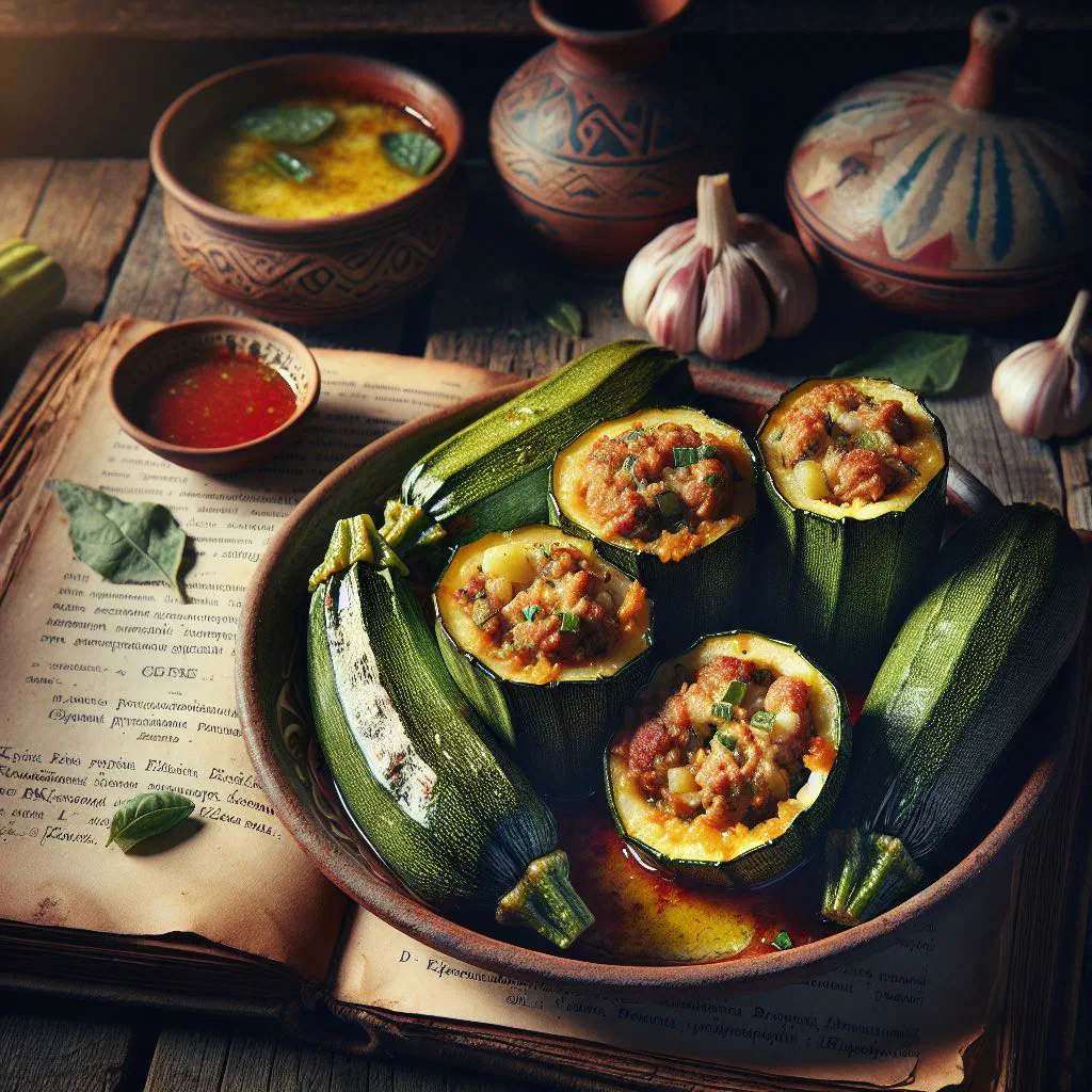 Baked stuffed courgettes filled with minced meat and rice, garnished with fresh herbs
