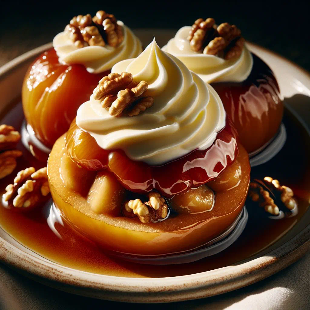 Poached apples stuffed with walnuts and topped with whipped cream