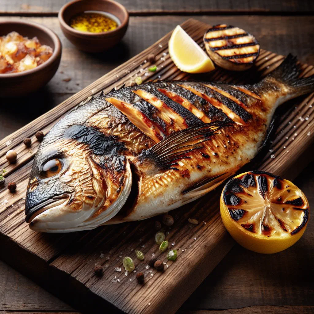 Grilled bleak fish garnished with parsley and lemon on a wooden platter