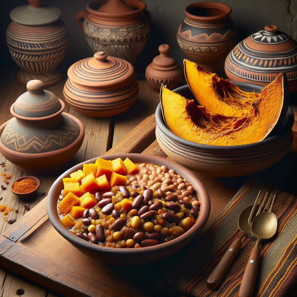 Bowl of Botswanan dikgobe with beans and diced pumpkin