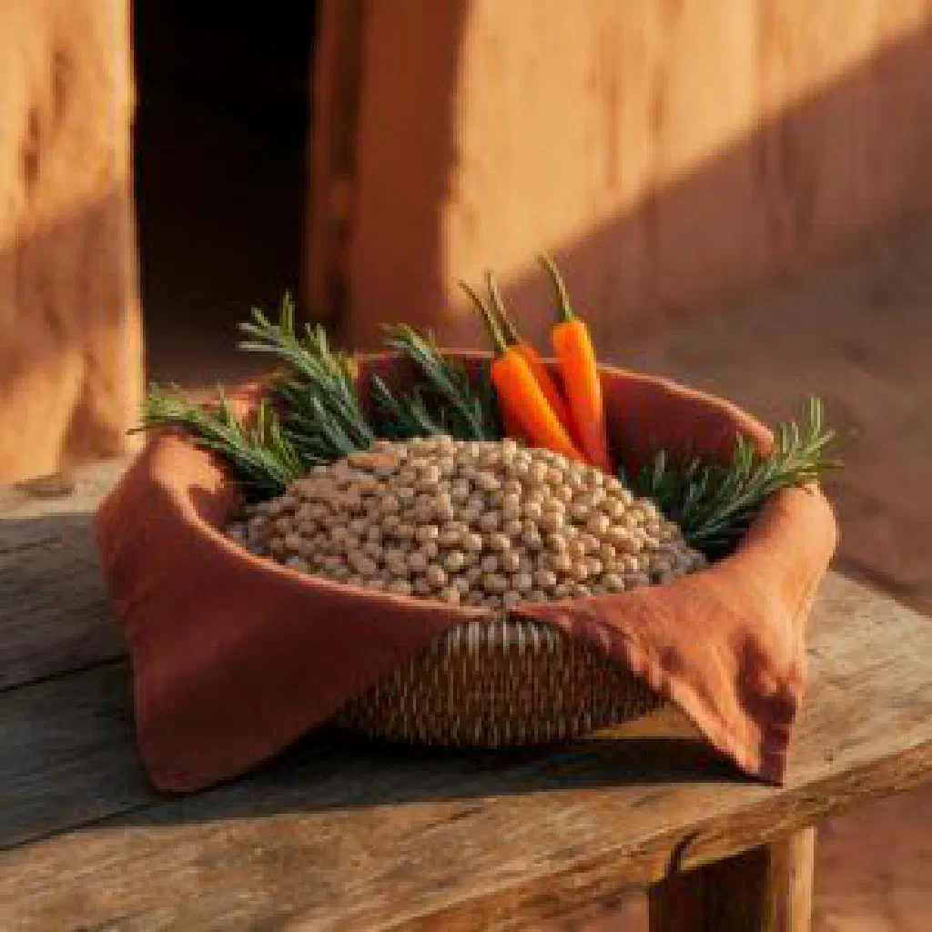 A bowl of spiced Ditloo beans garnished with fresh herbs