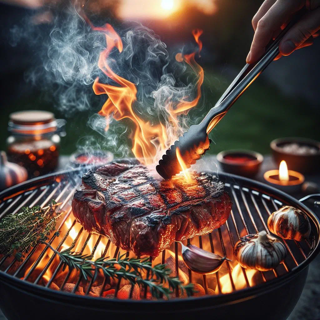 Fire-grilled beef pieces charred over open flames with fresh herbs