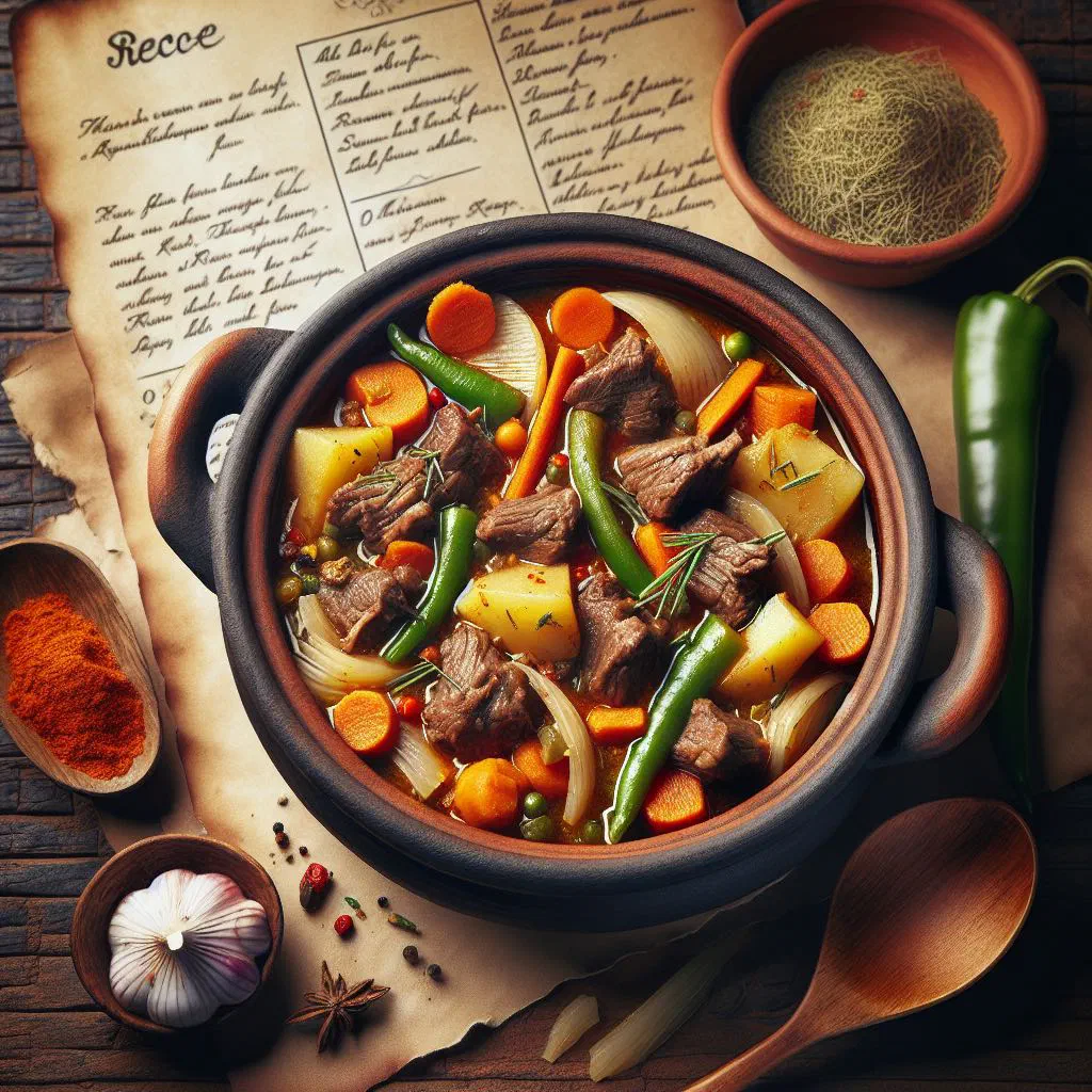 Rich Botswana goat stew garnished with fresh herbs