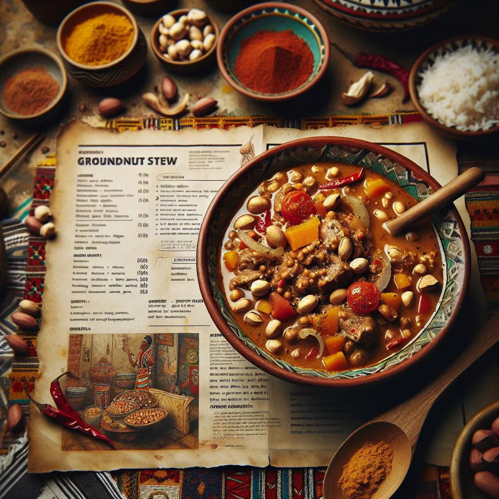 Bowl of creamy groundnut stew with carrots and peppers, garnished with fresh coriander