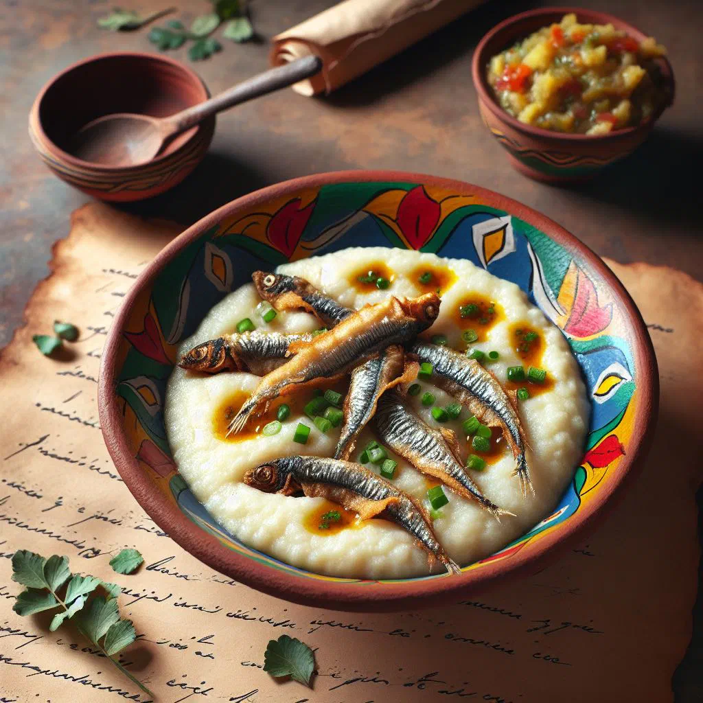 Crispy kapenta fish served on a plate of creamy white sadza porridge