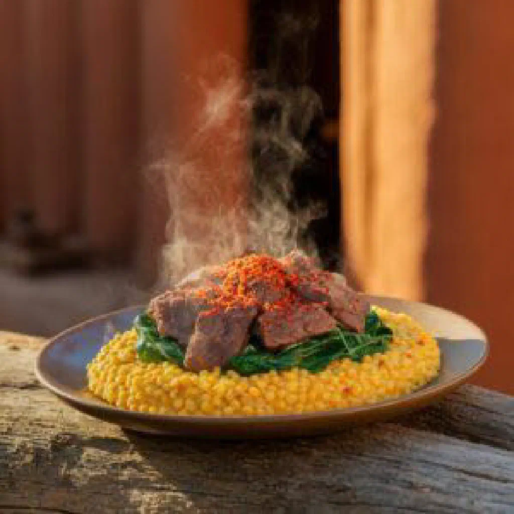 Bowl of Koko ya Setswana chicken stew garnished with fresh coriander