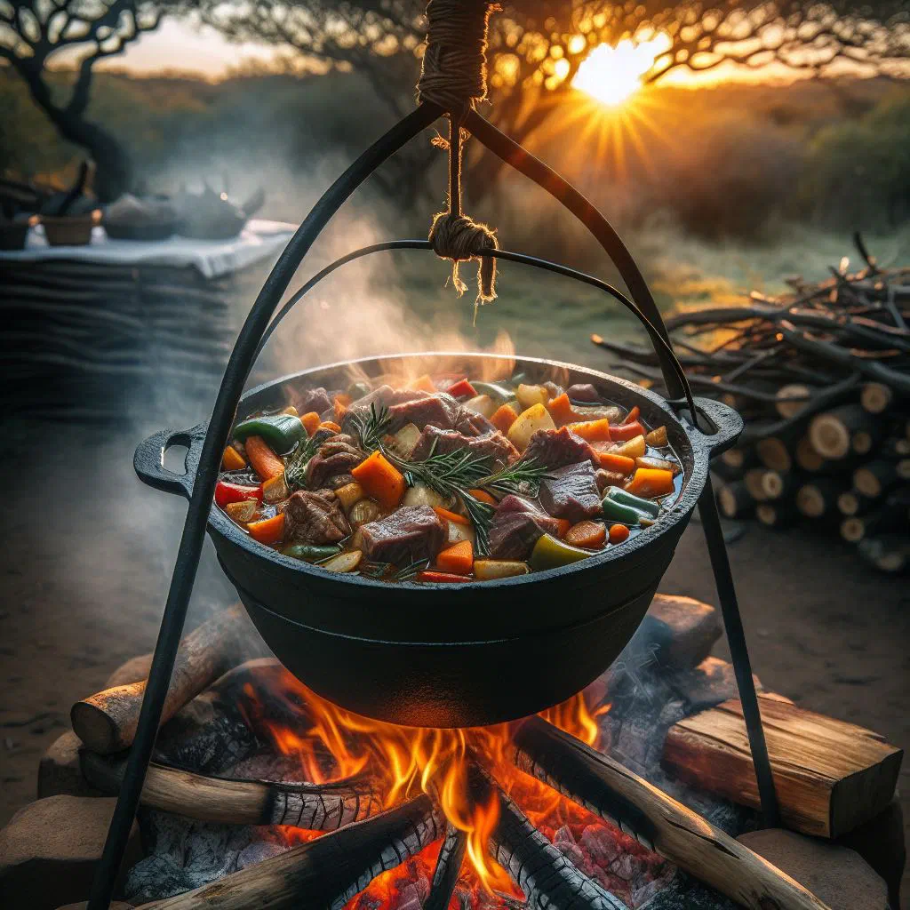 Potjiekos stew of beef and vegetables simmering in a cast-iron pot