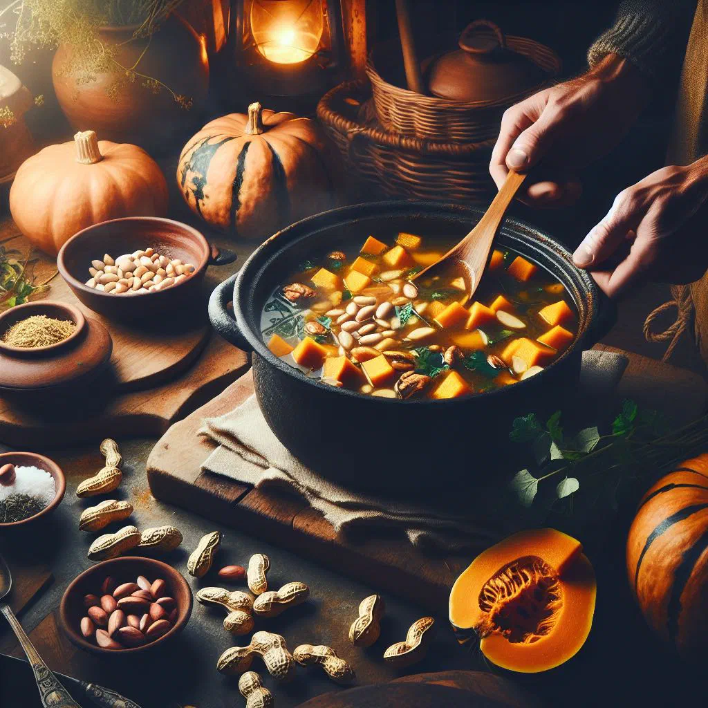 Bowl of pumpkin and peanut stew garnished with fresh herbs