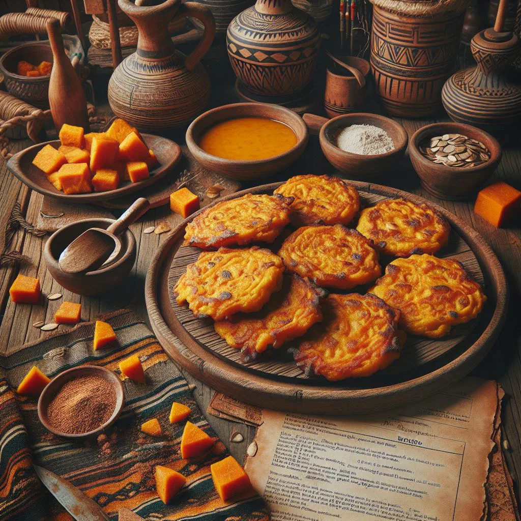 Golden pumpkin fritters on a plate garnished with fresh herbs