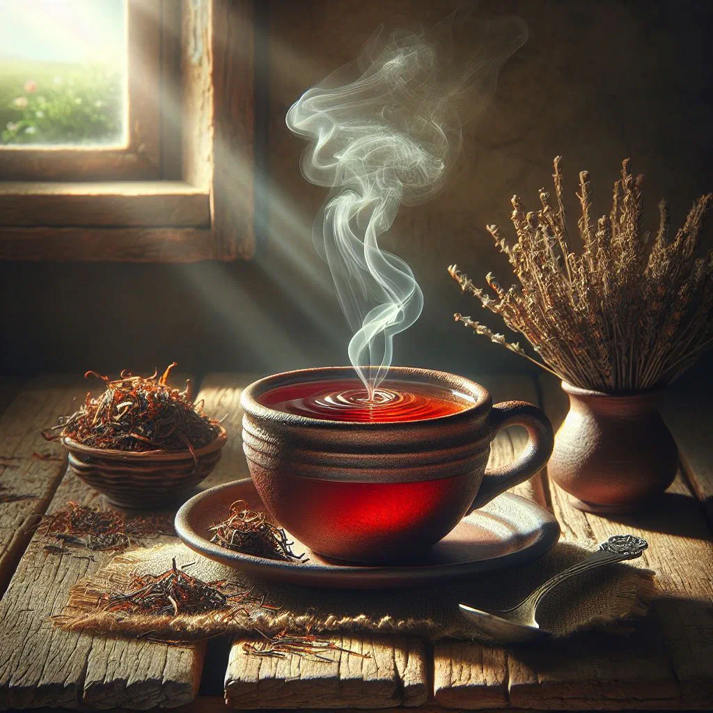 A cup of freshly brewed rooibos tea with lemon slices