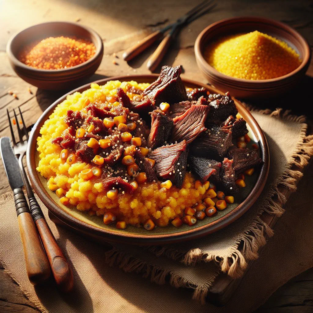 Bowl of samp with tender dried meat and onions