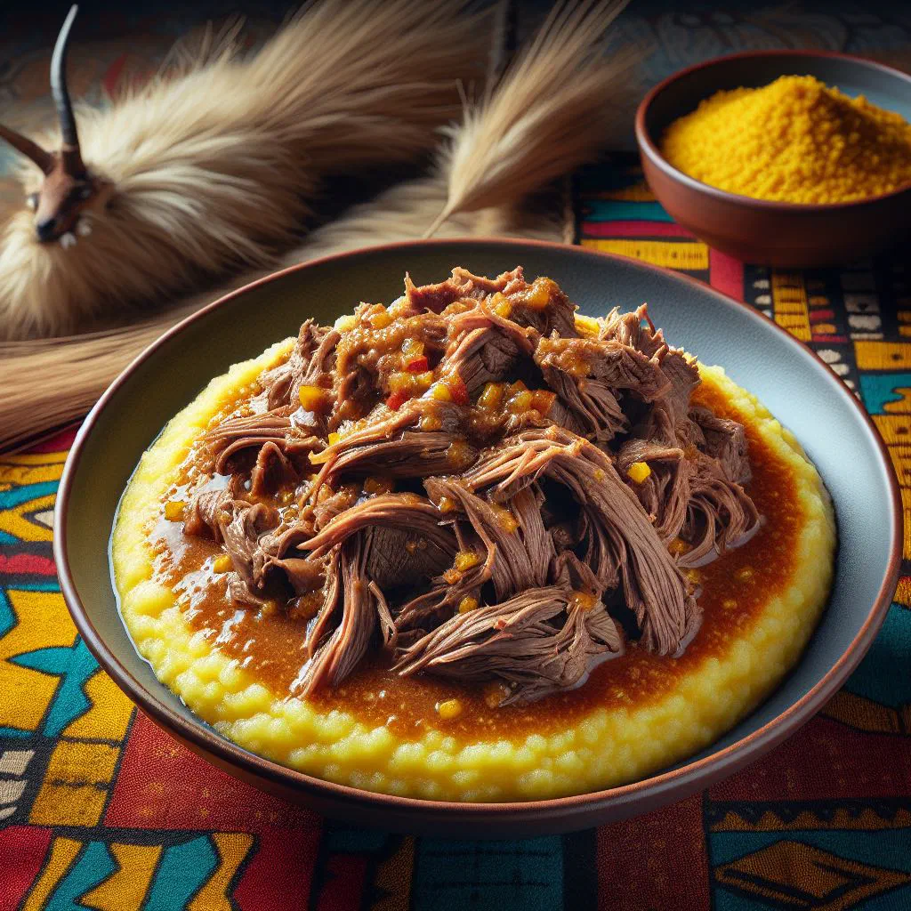 Shredded slow-cooked beef seswaa served with creamy maize porridge bogobe