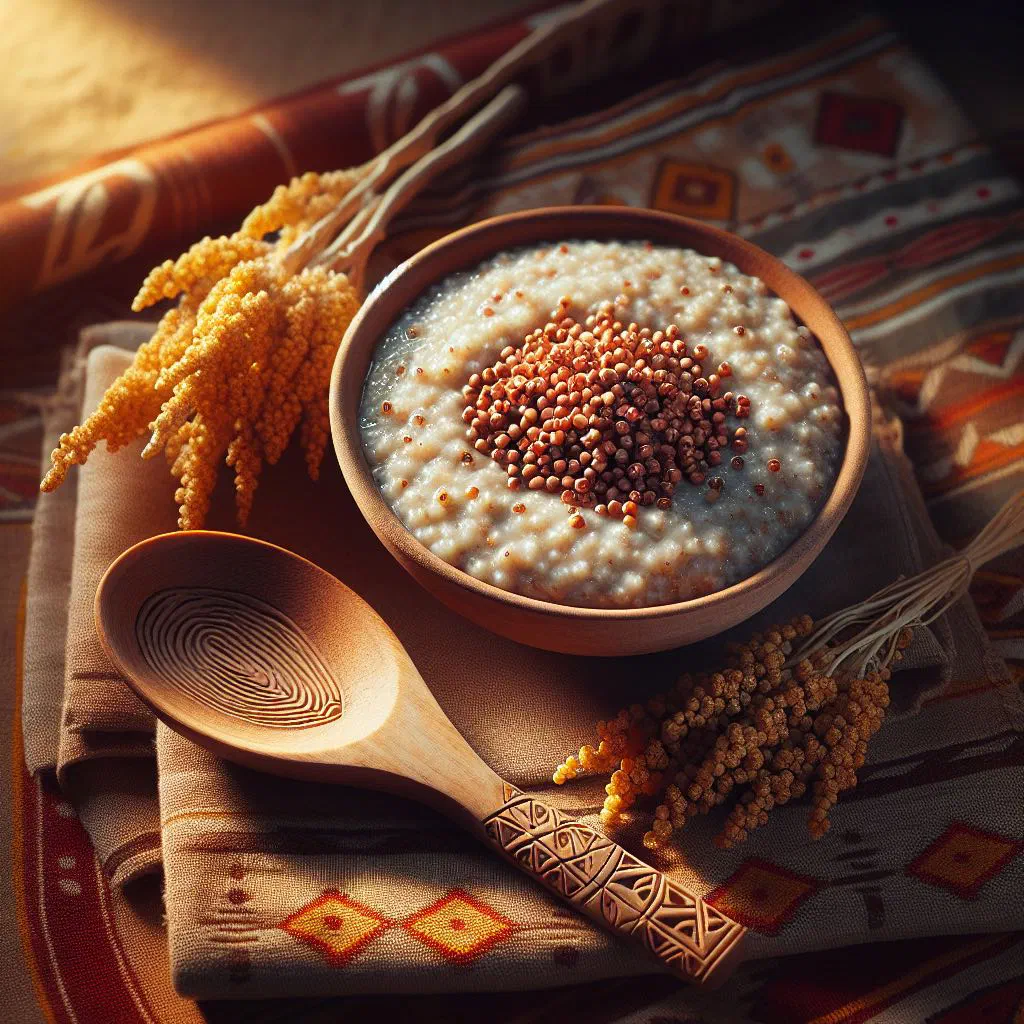A warm bowl of sorghum porridge topped with fresh fruit and honey