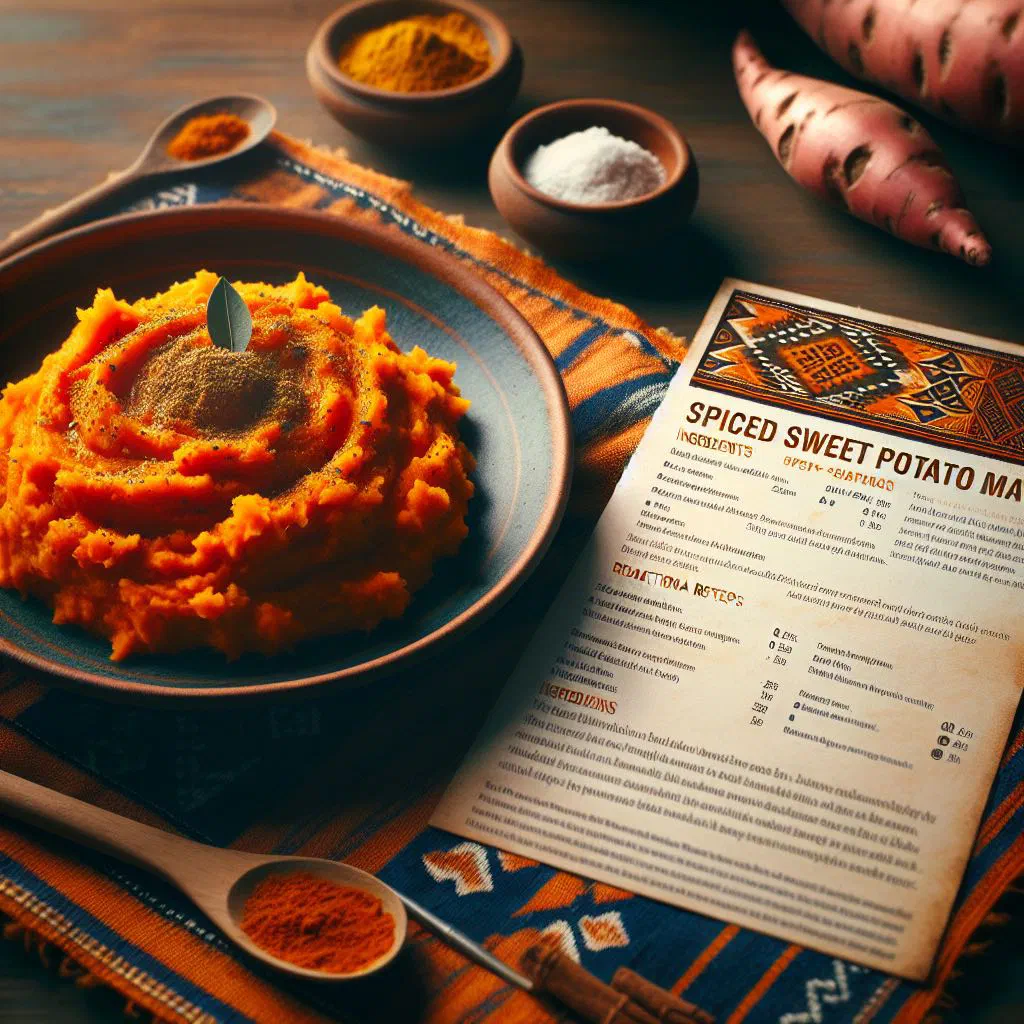Bowl of spiced sweet potato mash topped with fresh herbs