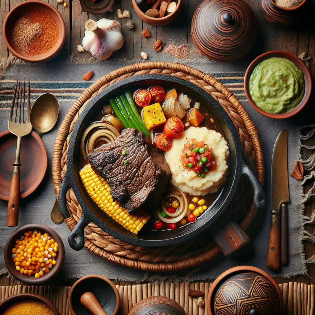 Hearty Tshotlo stew with maize, beans and tender beef in a bowl