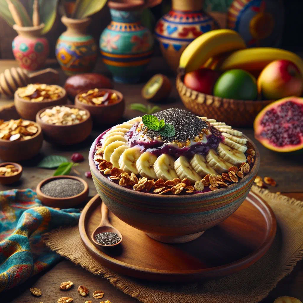 Açaí bowl topped with banana, fresh fruit and granola