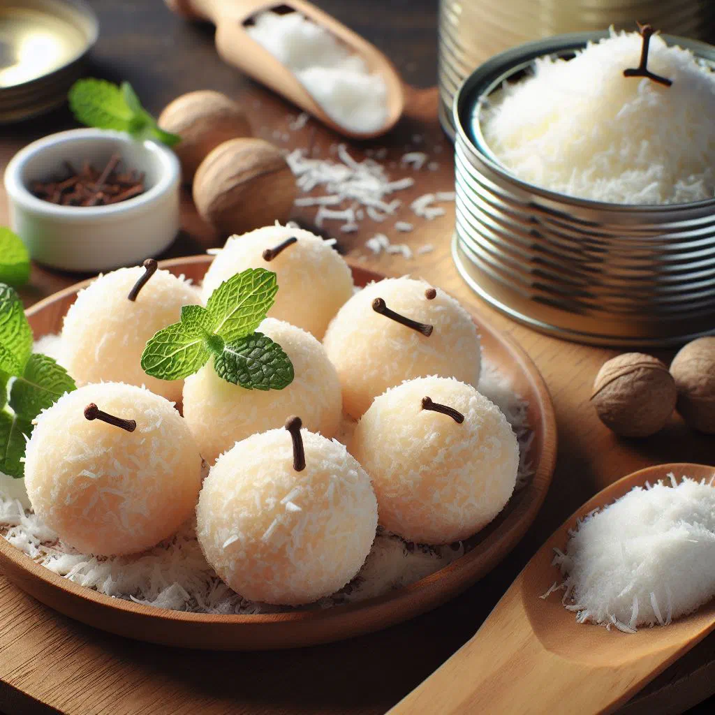 Beijinho coconut truffles rolled in desiccated coconut, topped with cloves