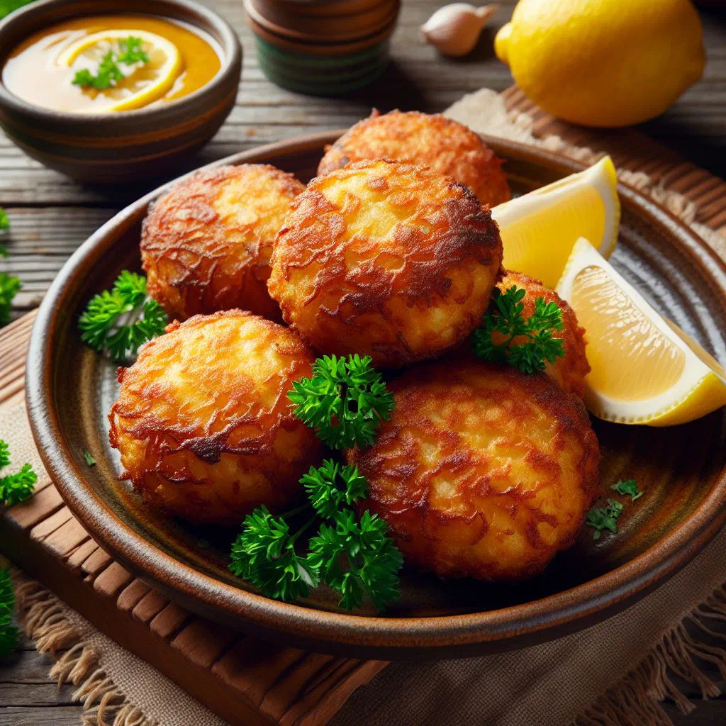 Golden fried bolinho de bacalhau salt cod fritters on a plate with lemon